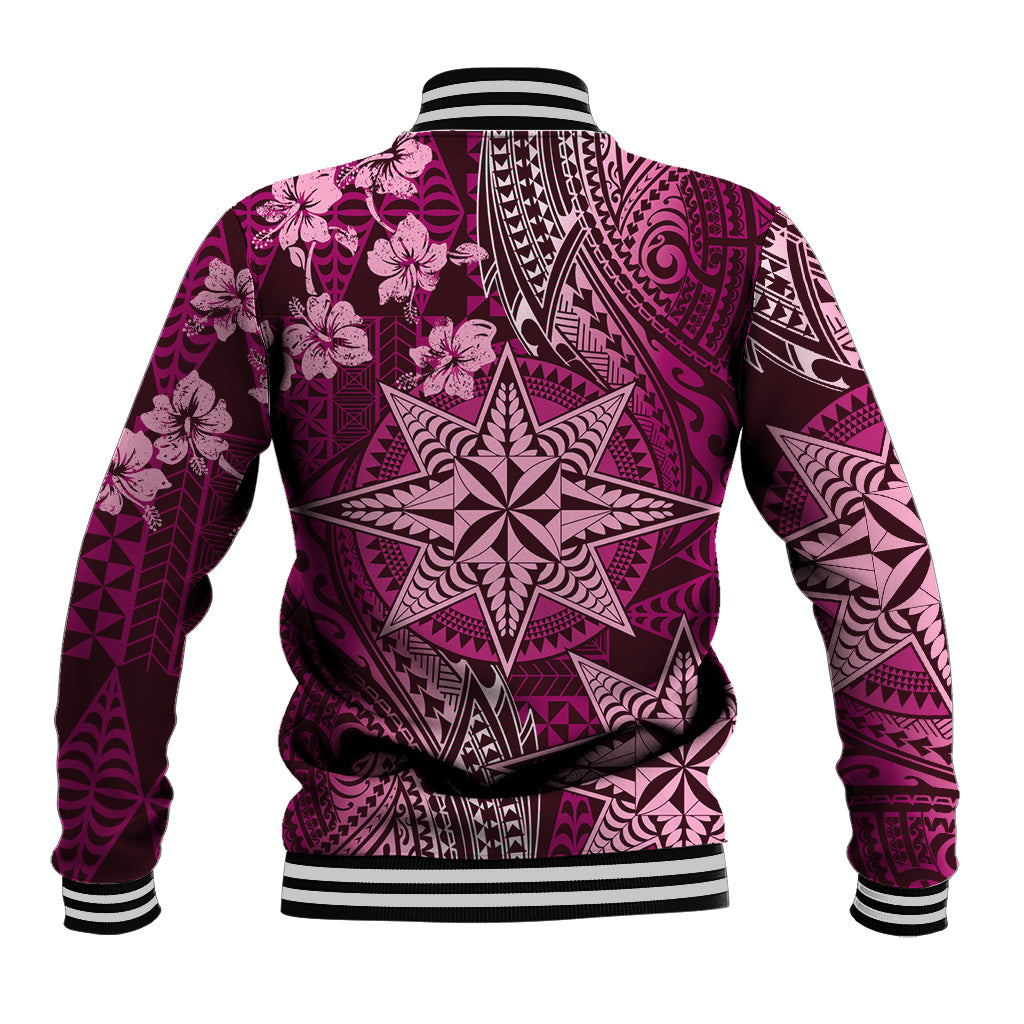 Vintage Tonga Tribal Ngatu Pattern Baseball Jacket With Pacific Floral Pink Art LT9 - Polynesian Pride