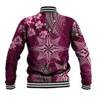 Vintage Tonga Tribal Ngatu Pattern Baseball Jacket With Pacific Floral Pink Art LT9 - Polynesian Pride