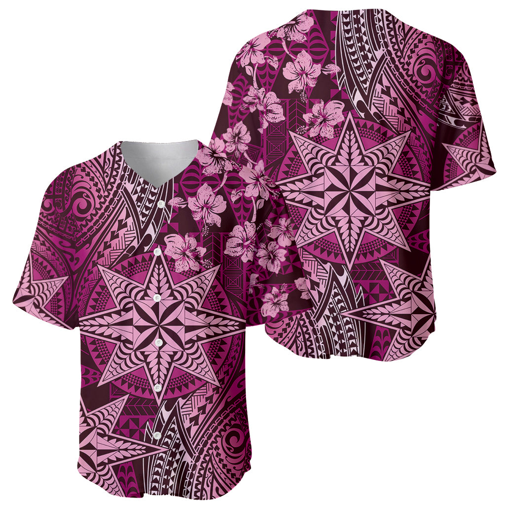 Vintage Tonga Tribal Ngatu Pattern Baseball Jersey With Pacific Floral Pink Art