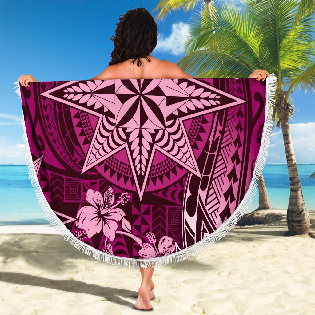 Vintage Tonga Tribal Ngatu Pattern Beach Blanket With Pacific Floral Pink Art LT9 - Polynesian Pride