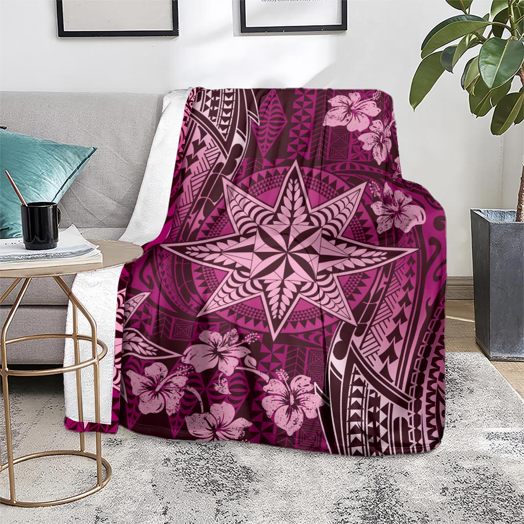 Vintage Tonga Tribal Ngatu Pattern Blanket With Pacific Floral Pink Art LT9 - Polynesian Pride