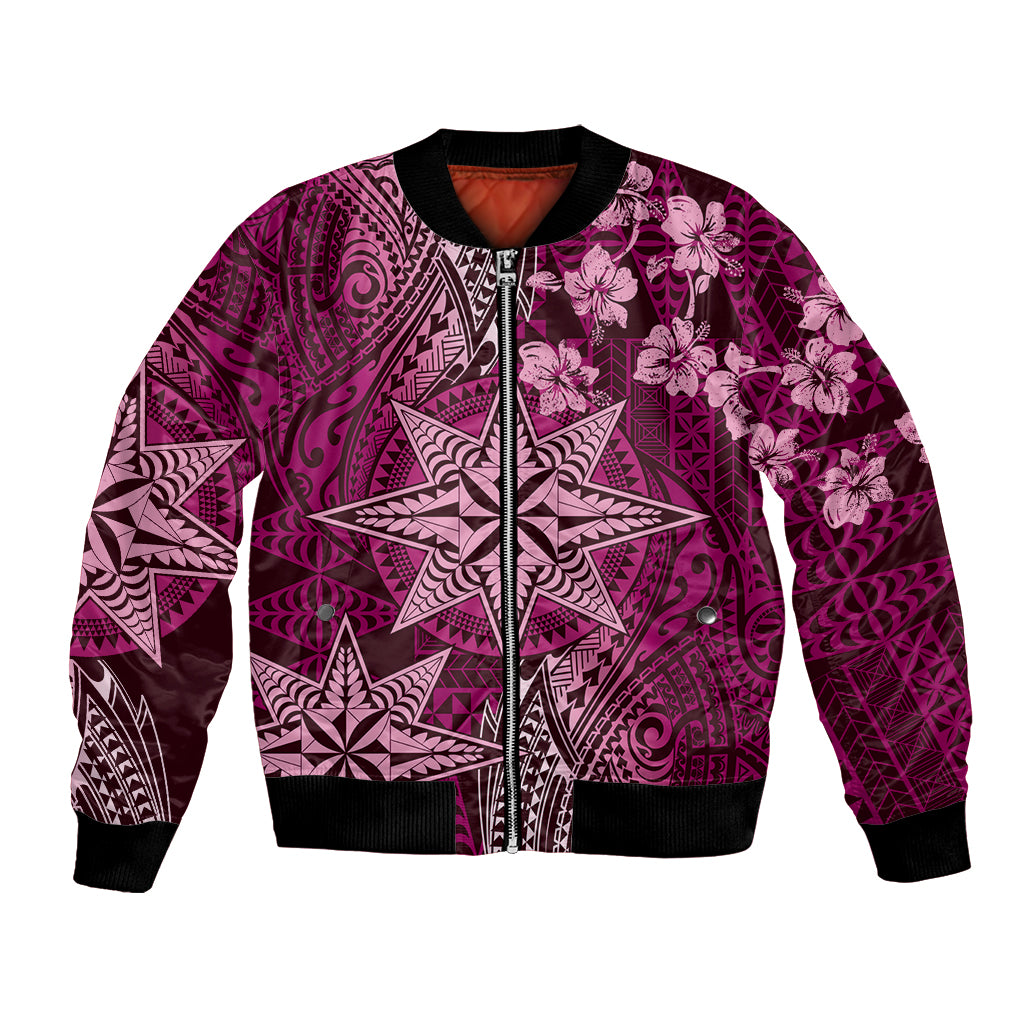 Vintage Tonga Tribal Ngatu Pattern Bomber Jacket With Pacific Floral Pink Art LT9 Unisex Pink - Polynesian Pride