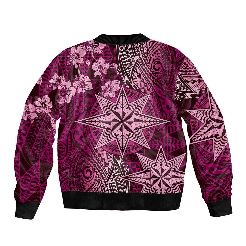 Vintage Tonga Tribal Ngatu Pattern Bomber Jacket With Pacific Floral Pink Art LT9 - Polynesian Pride