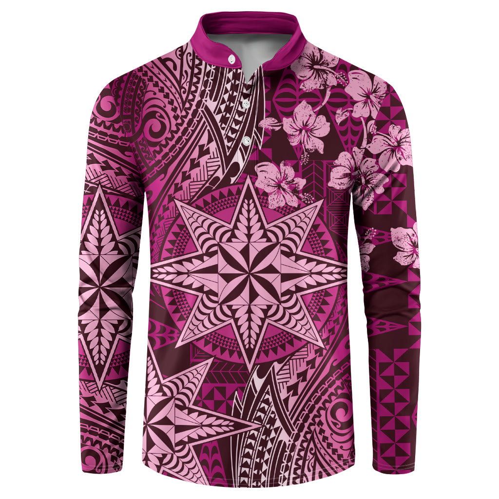Vintage Tonga Tribal Ngatu Pattern Button Sweatshirt With Pacific Floral Pink Art LT9 Pink - Polynesian Pride