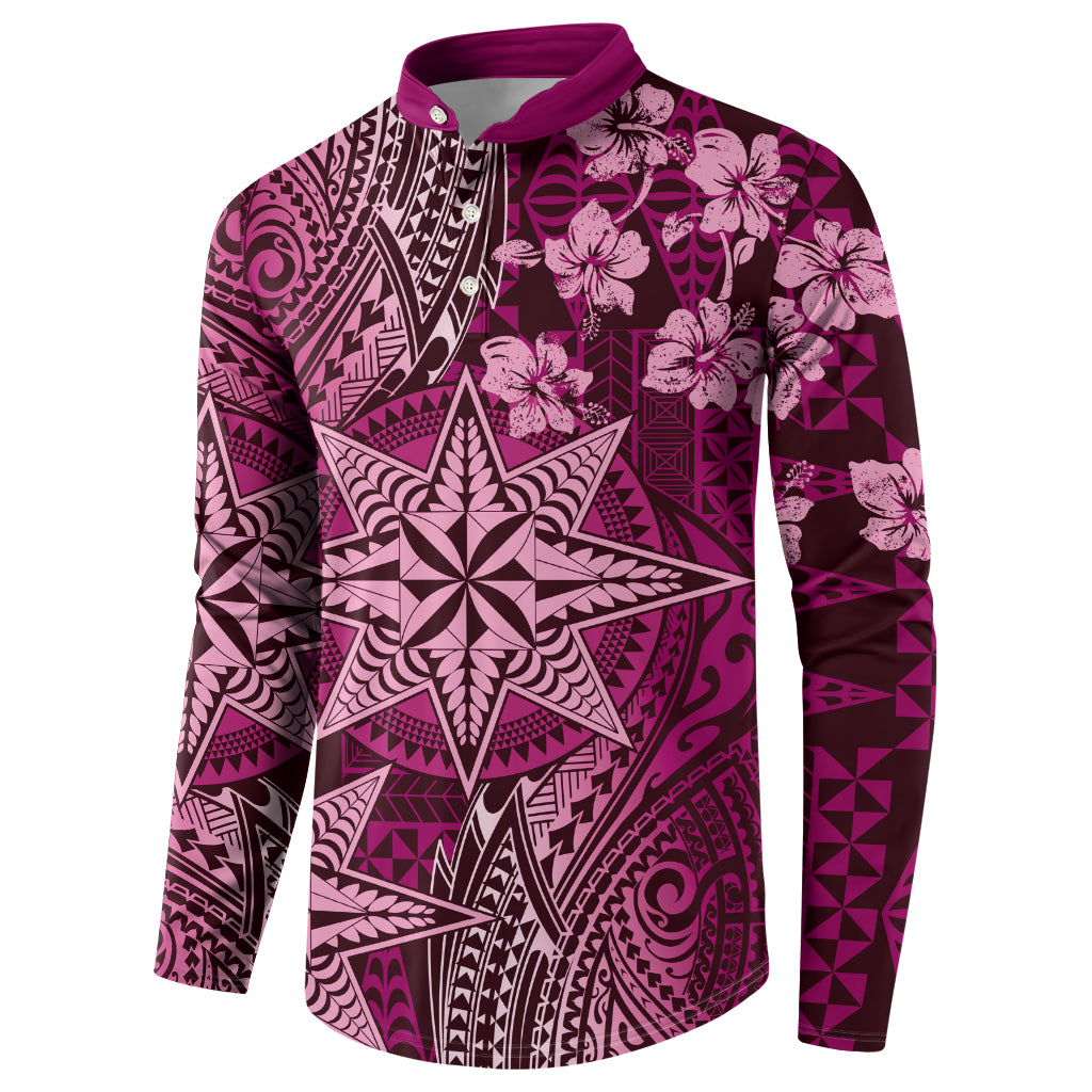 Vintage Tonga Tribal Ngatu Pattern Button Sweatshirt With Pacific Floral Pink Art LT9 - Polynesian Pride