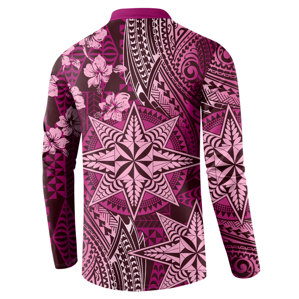 Vintage Tonga Tribal Ngatu Pattern Button Sweatshirt With Pacific Floral Pink Art LT9 - Polynesian Pride
