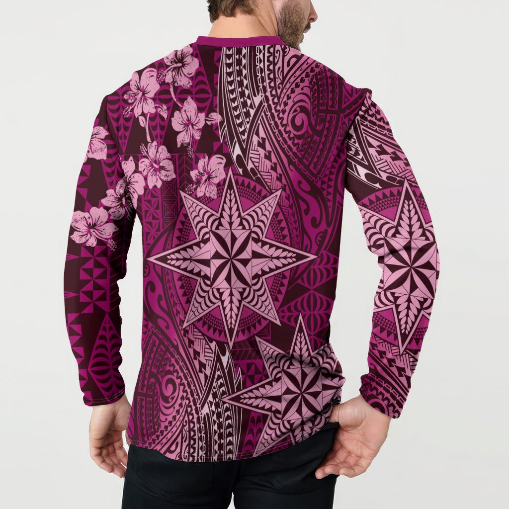 Vintage Tonga Tribal Ngatu Pattern Button Sweatshirt With Pacific Floral Pink Art LT9 - Polynesian Pride