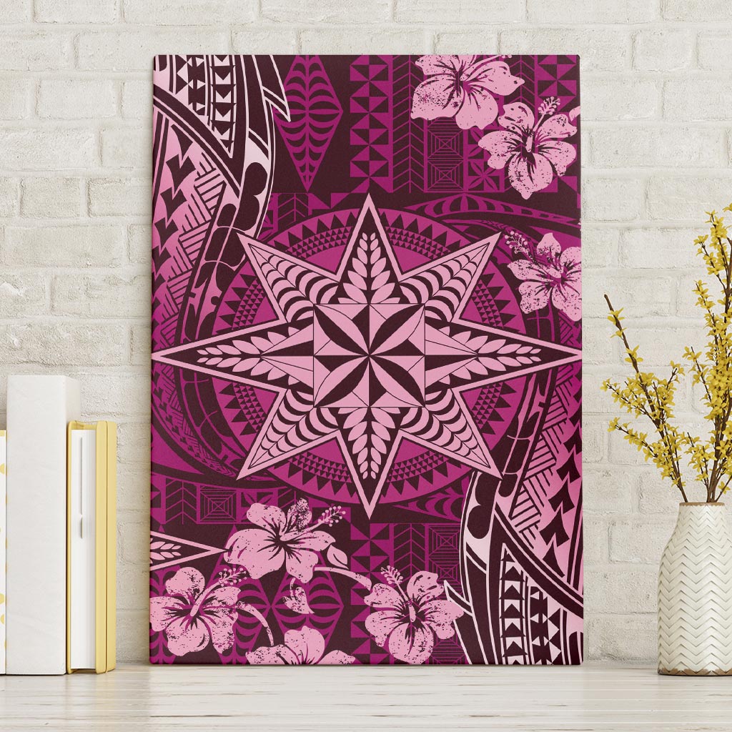 Vintage Tonga Tribal Ngatu Pattern Canvas Wall Art With Pacific Floral Pink Art