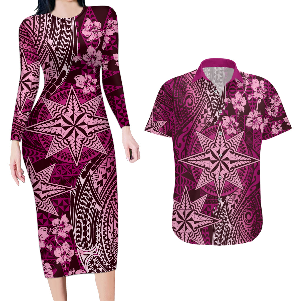 Vintage Tonga Tribal Ngatu Pattern Couples Matching Long Sleeve Bodycon Dress and Hawaiian Shirt With Pacific Floral Pink Art LT9 Pink - Polynesian Pride