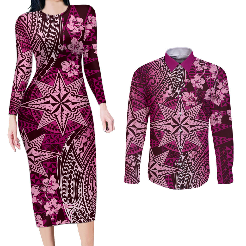 Vintage Tonga Tribal Ngatu Pattern Couples Matching Long Sleeve Bodycon Dress and Long Sleeve Button Shirt With Pacific Floral Pink Art LT9 Pink - Polynesian Pride