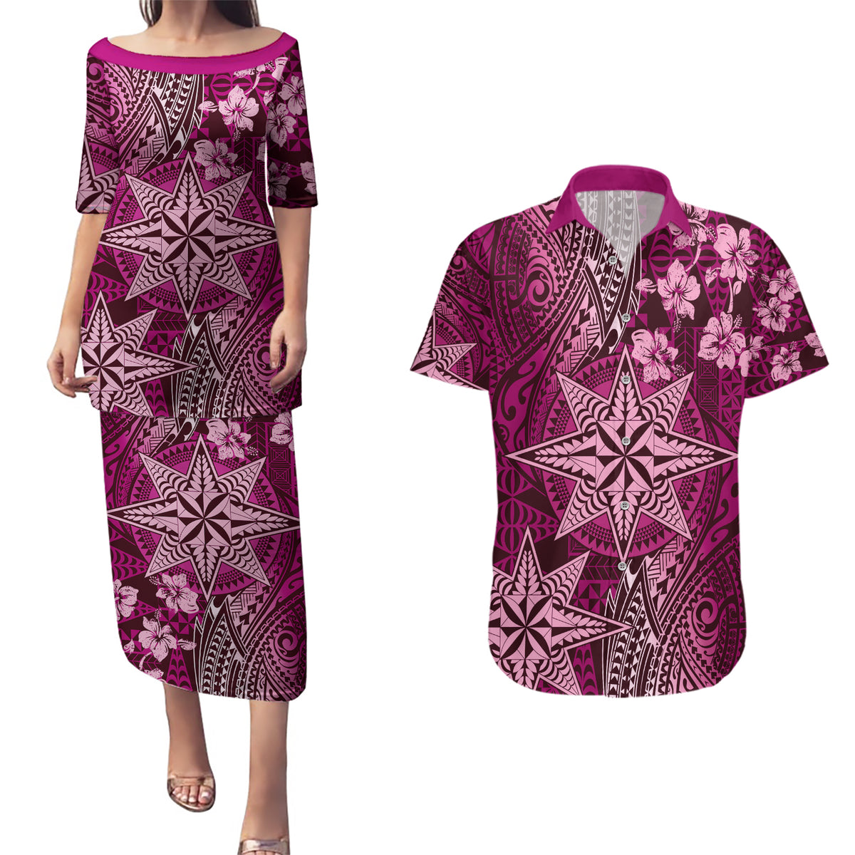 Vintage Tonga Tribal Ngatu Pattern Couples Matching Puletasi and Hawaiian Shirt With Pacific Floral Pink Art LT9 Pink - Polynesian Pride