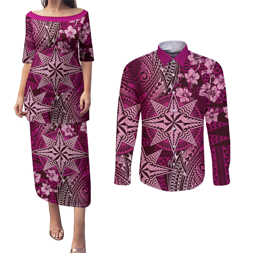 Vintage Tonga Tribal Ngatu Pattern Couples Matching Puletasi and Long Sleeve Button Shirt With Pacific Floral Pink Art LT9 Pink - Polynesian Pride