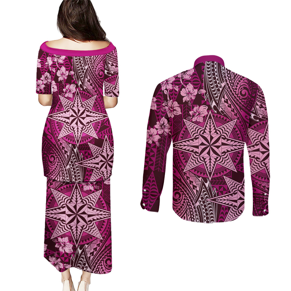 Vintage Tonga Tribal Ngatu Pattern Couples Matching Puletasi and Long Sleeve Button Shirt With Pacific Floral Pink Art LT9 - Polynesian Pride