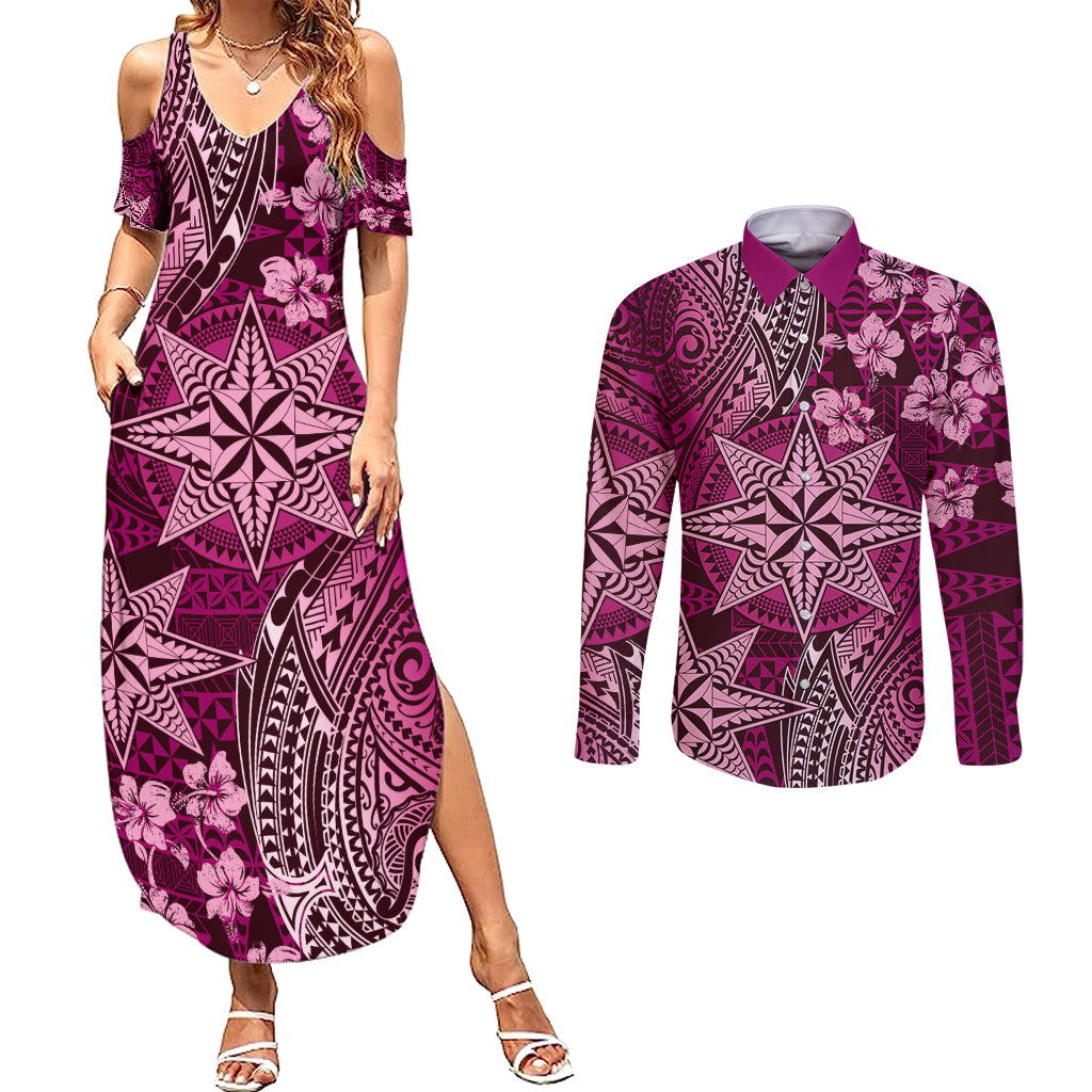 Vintage Tonga Tribal Ngatu Pattern Couples Matching Summer Maxi Dress and Long Sleeve Button Shirt With Pacific Floral Pink Art LT9 Pink - Polynesian Pride
