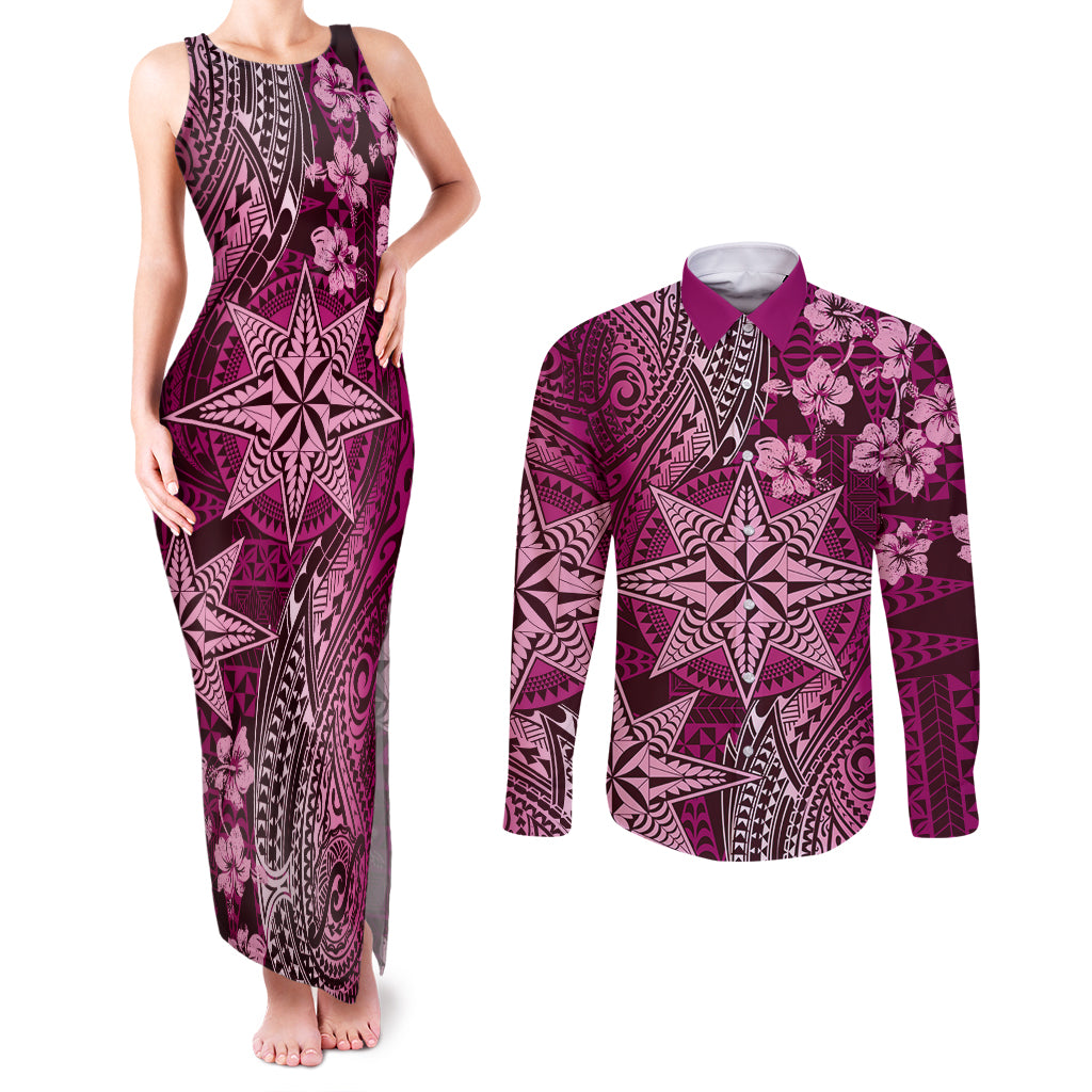 Vintage Tonga Tribal Ngatu Pattern Couples Matching Tank Maxi Dress and Long Sleeve Button Shirt With Pacific Floral Pink Art LT9 Pink - Polynesian Pride