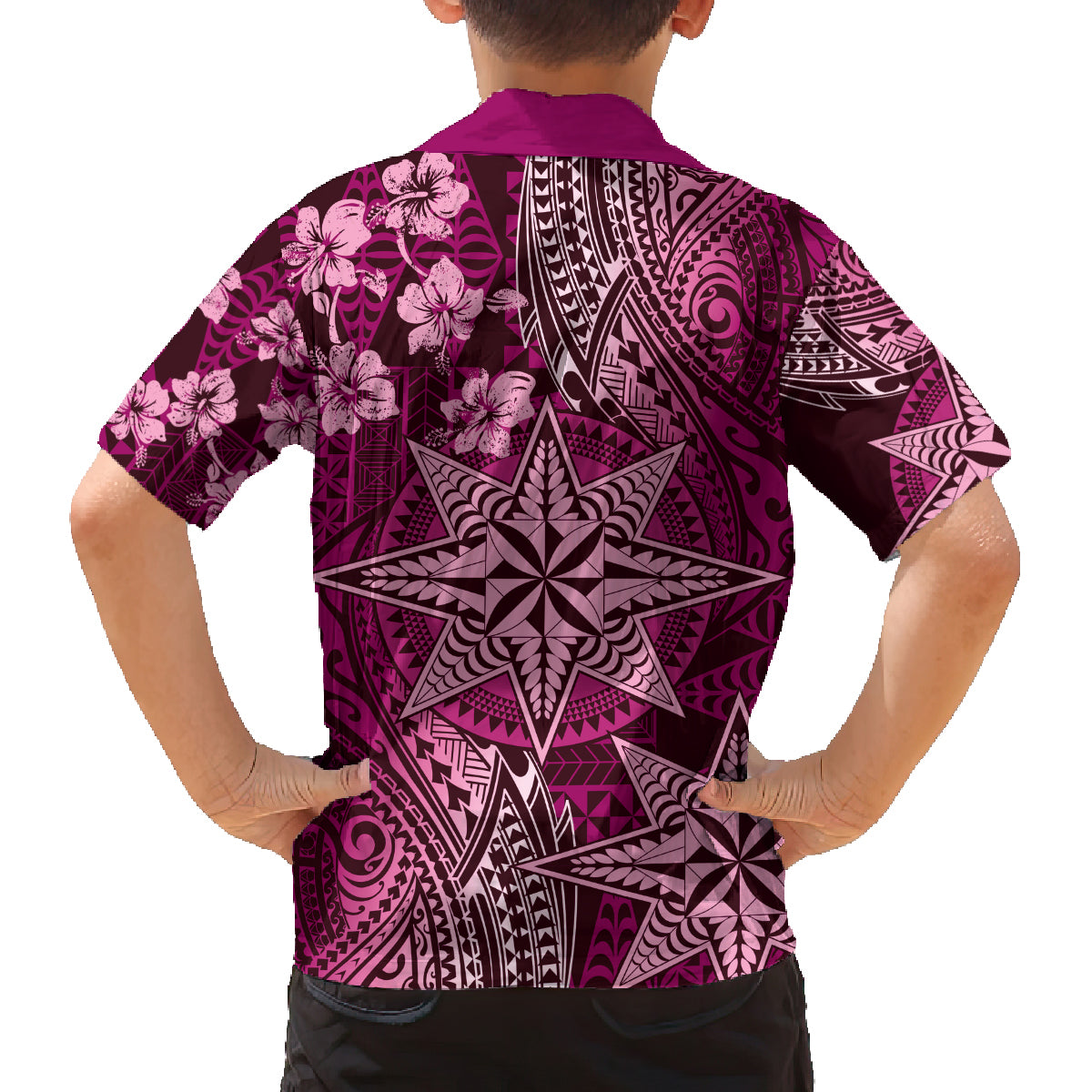 Vintage Tonga Tribal Ngatu Pattern Family Matching Off The Shoulder Long Sleeve Dress and Hawaiian Shirt With Pacific Floral Pink Art