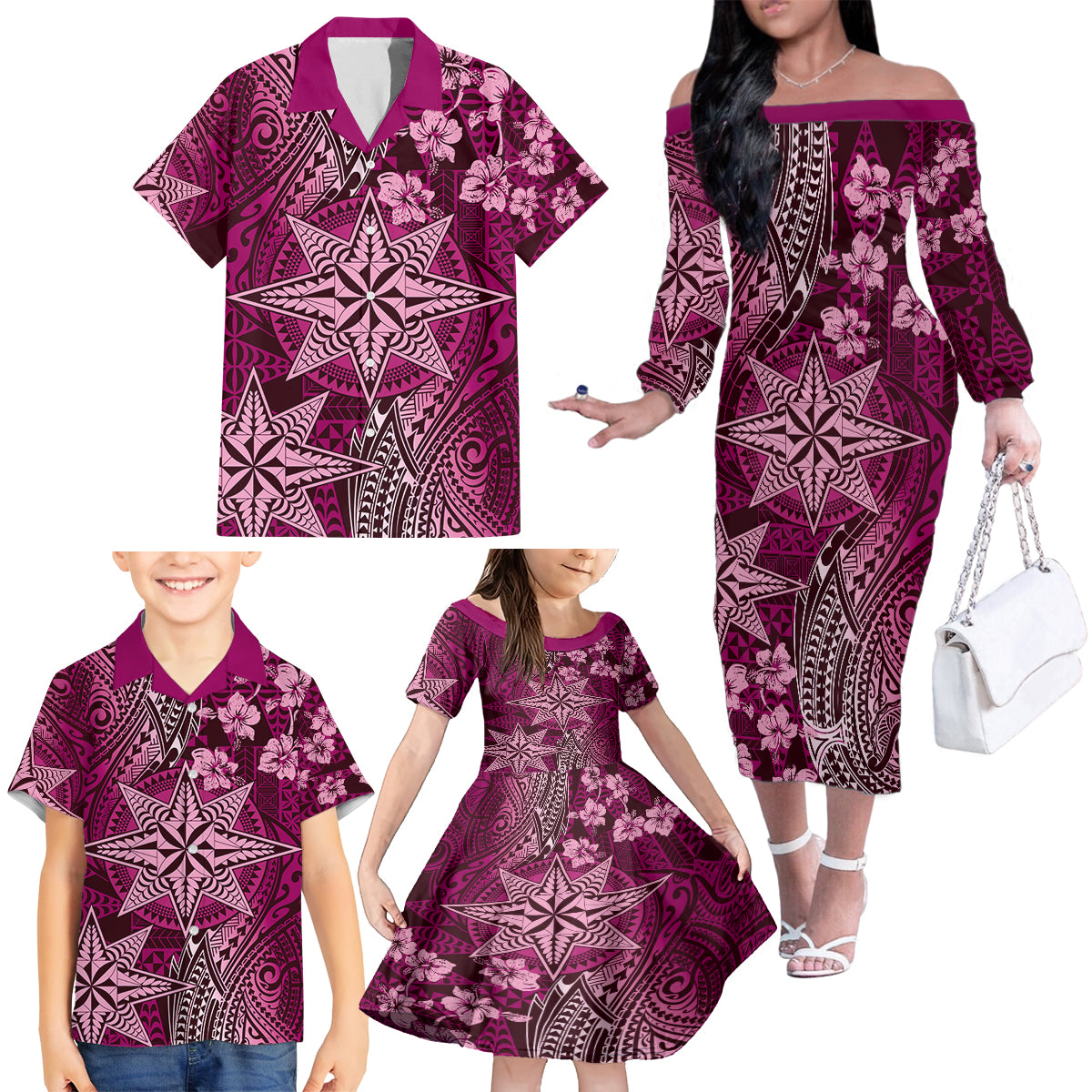 Vintage Tonga Tribal Ngatu Pattern Family Matching Off The Shoulder Long Sleeve Dress and Hawaiian Shirt With Pacific Floral Pink Art