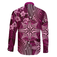 Vintage Tonga Tribal Ngatu Pattern Family Matching Off The Shoulder Long Sleeve Dress and Hawaiian Shirt With Pacific Floral Pink Art