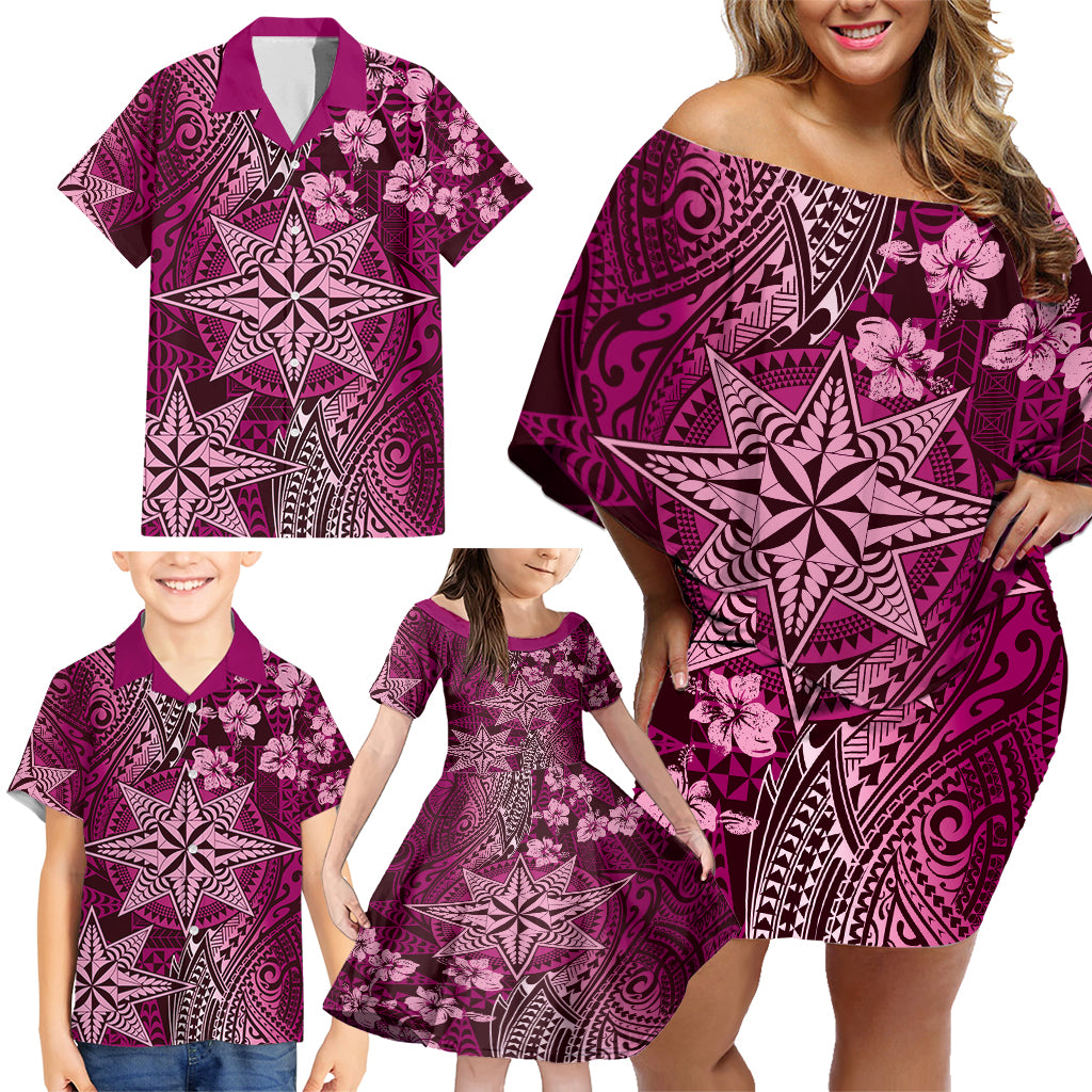 Vintage Tonga Tribal Ngatu Pattern Family Matching Off Shoulder Short Dress and Hawaiian Shirt With Pacific Floral Pink Art