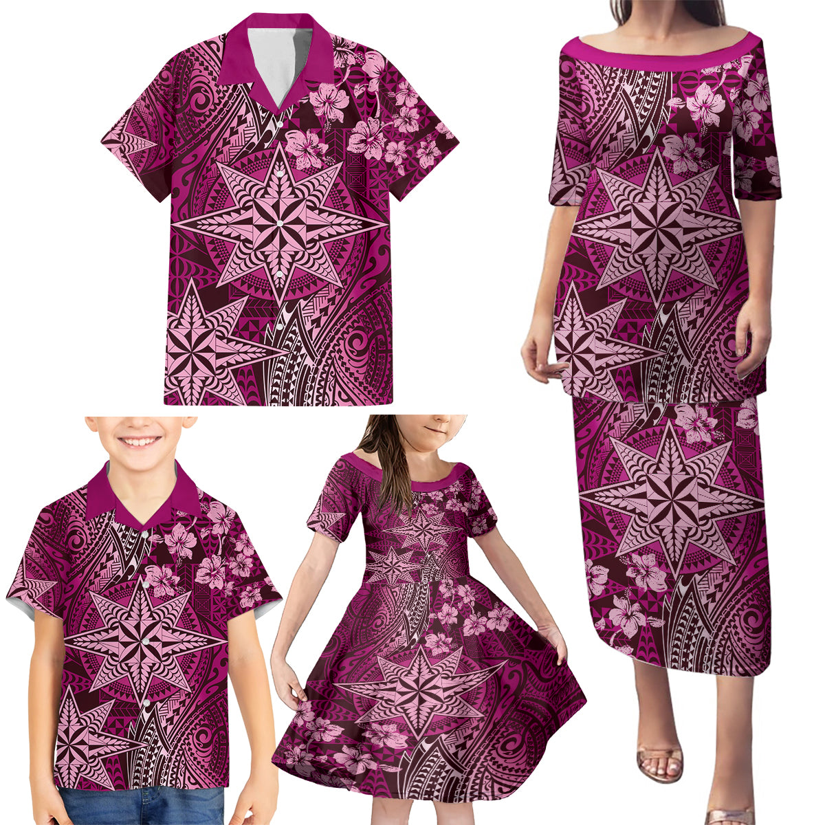 Vintage Tonga Tribal Ngatu Pattern Family Matching Puletasi and Hawaiian Shirt With Pacific Floral Pink Art LT9 - Polynesian Pride