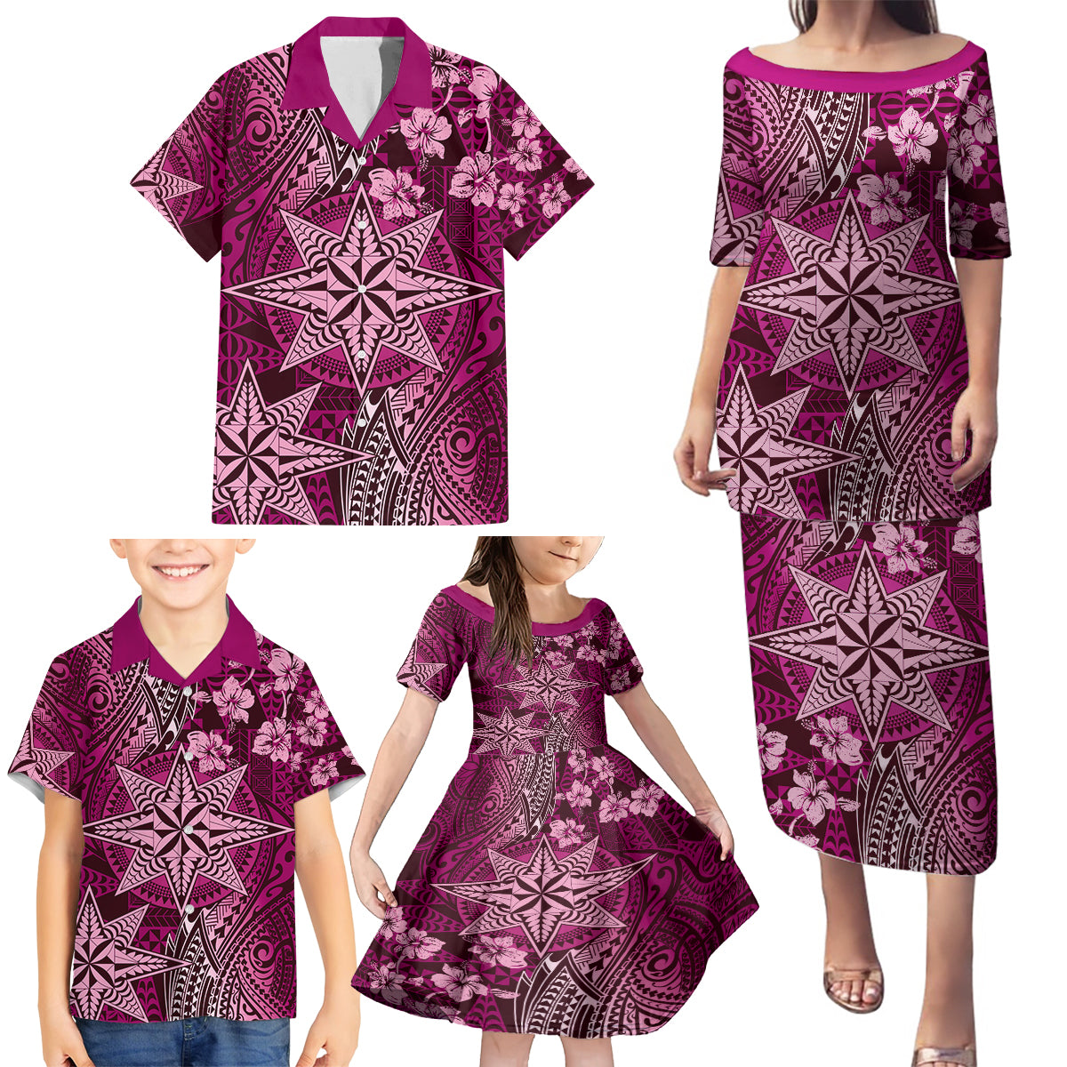 Vintage Tonga Tribal Ngatu Pattern Family Matching Puletasi and Hawaiian Shirt With Pacific Floral Pink Art