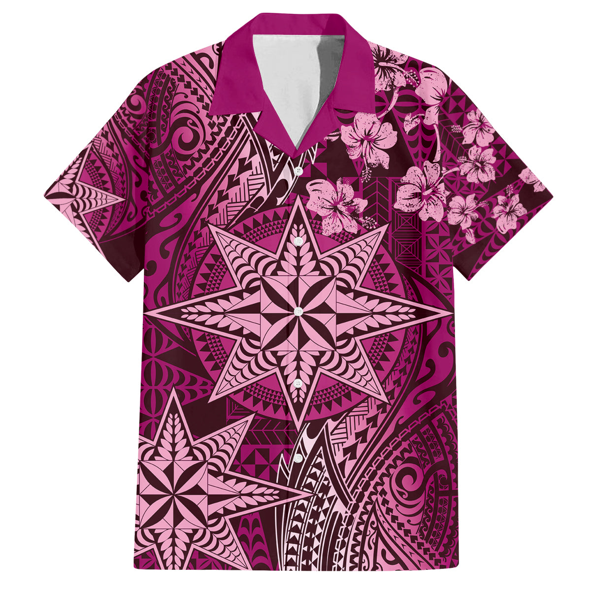 Vintage Tonga Tribal Ngatu Pattern Family Matching Puletasi and Hawaiian Shirt With Pacific Floral Pink Art LT9 Dad's Shirt - Short Sleeve Pink - Polynesian Pride