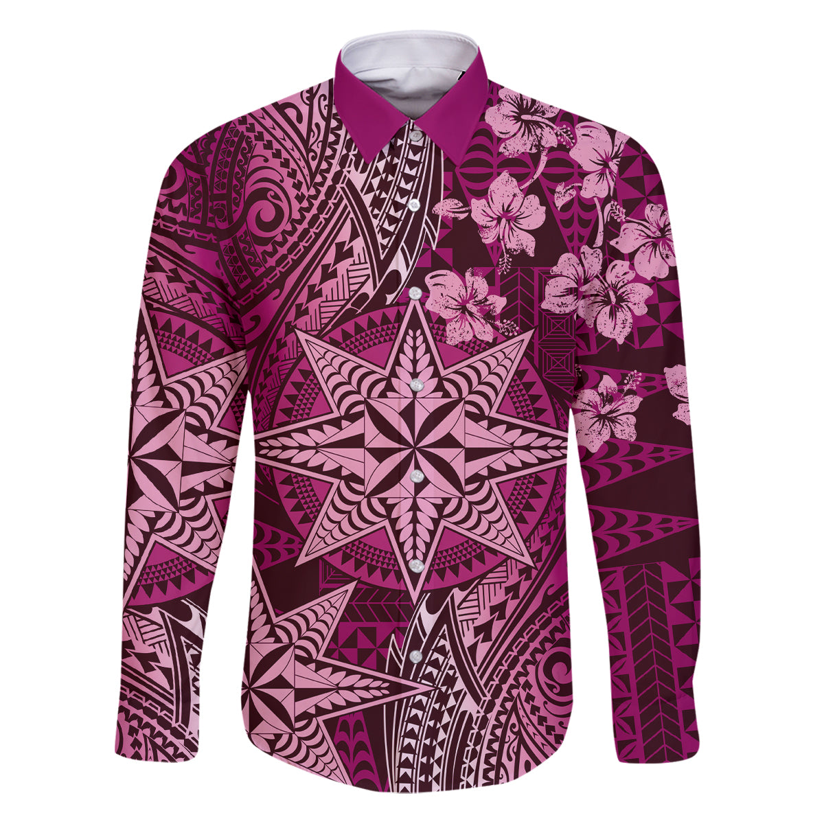 Vintage Tonga Tribal Ngatu Pattern Family Matching Puletasi and Hawaiian Shirt With Pacific Floral Pink Art LT9 Dad's Shirt - Long Sleeve Pink - Polynesian Pride