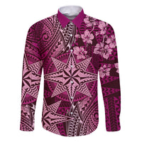 Vintage Tonga Tribal Ngatu Pattern Family Matching Puletasi and Hawaiian Shirt With Pacific Floral Pink Art LT9 Dad's Shirt - Long Sleeve Pink - Polynesian Pride