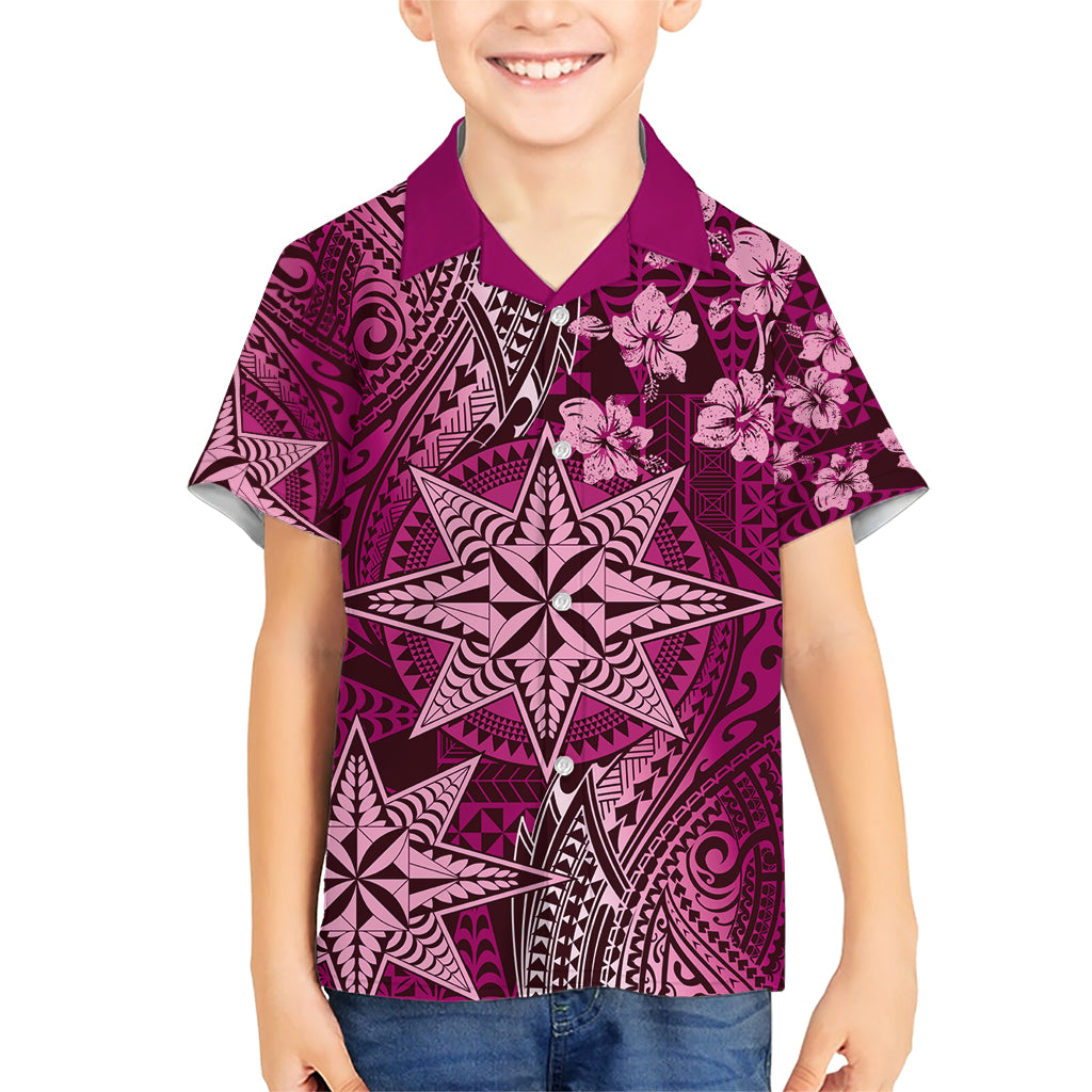 Vintage Tonga Tribal Ngatu Pattern Family Matching Short Sleeve Bodycon Dress and Hawaiian Shirt With Pacific Floral Pink Art