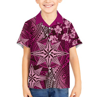 Vintage Tonga Tribal Ngatu Pattern Family Matching Short Sleeve Bodycon Dress and Hawaiian Shirt With Pacific Floral Pink Art