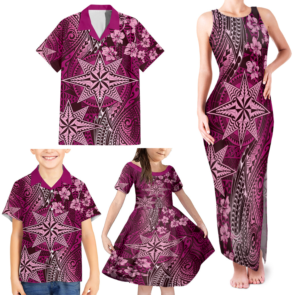 Vintage Tonga Tribal Ngatu Pattern Family Matching Tank Maxi Dress and Hawaiian Shirt With Pacific Floral Pink Art LT9 - Polynesian Pride