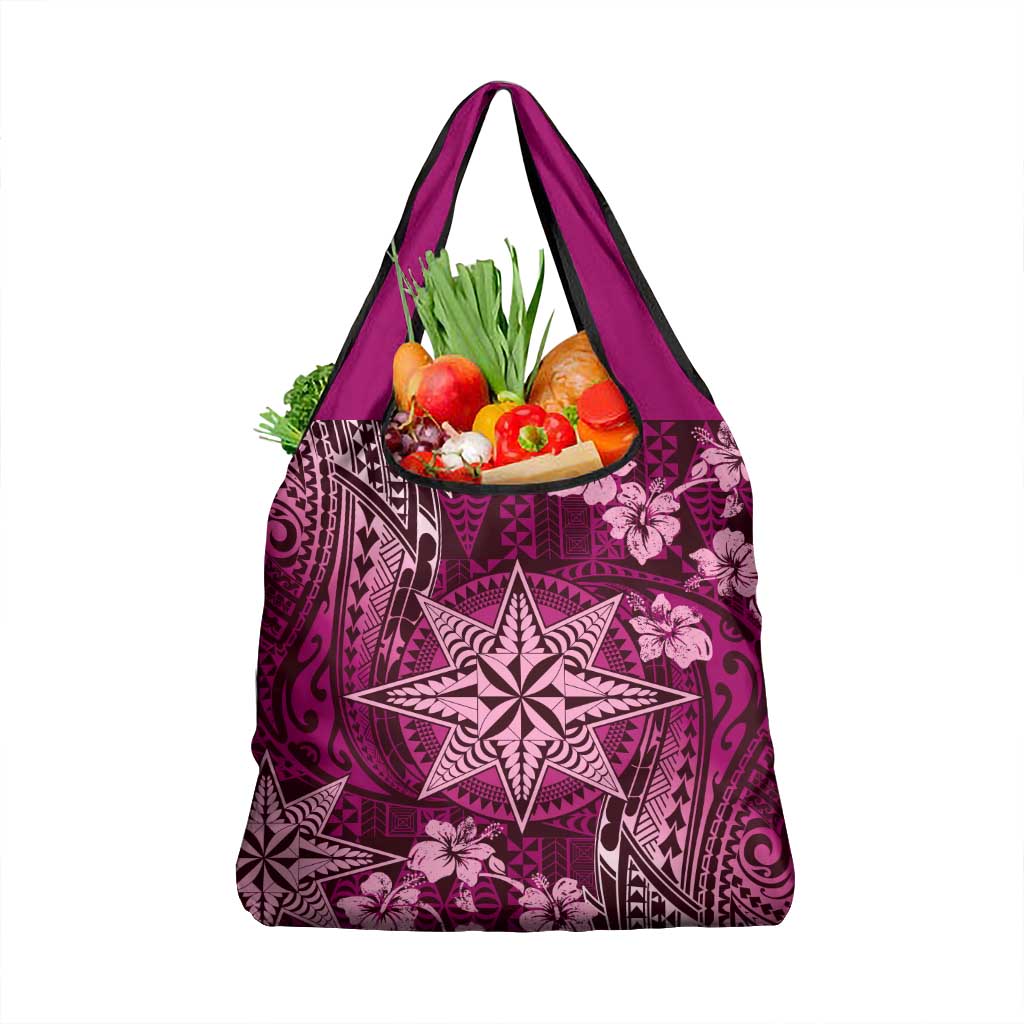 Vintage Tonga Tribal Ngatu Pattern Grocery Bag With Pacific Floral Pink Art LT9 1-pack One Size Pink - Polynesian Pride