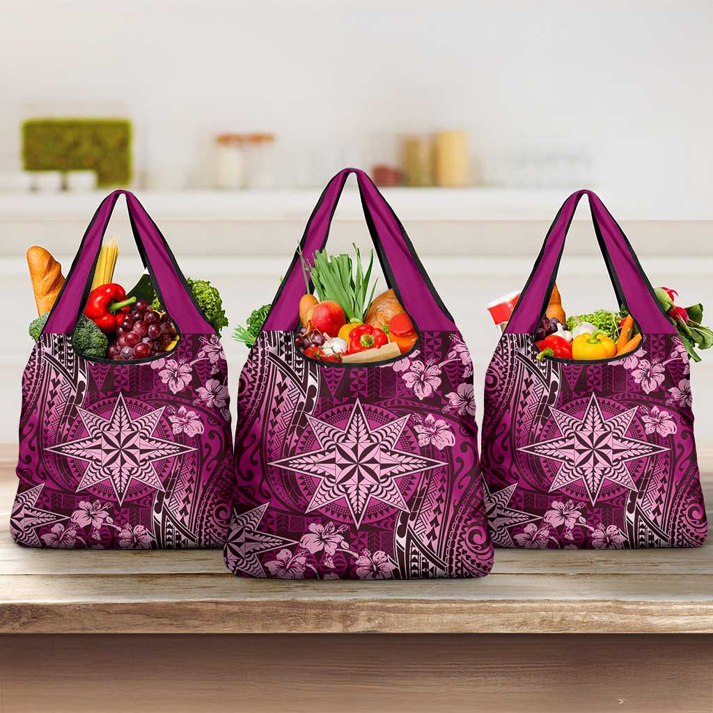 Vintage Tonga Tribal Ngatu Pattern Grocery Bag With Pacific Floral Pink Art LT9 3-pack One Size Pink - Polynesian Pride