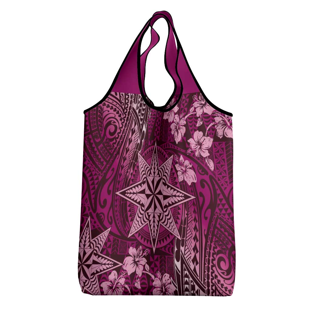 Vintage Tonga Tribal Ngatu Pattern Grocery Bag With Pacific Floral Pink Art LT9 - Polynesian Pride