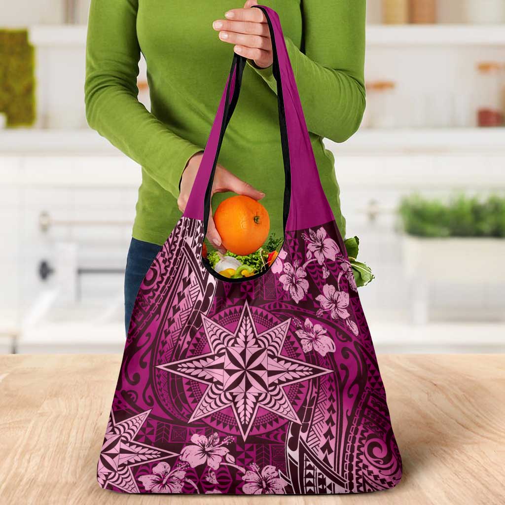 Vintage Tonga Tribal Ngatu Pattern Grocery Bag With Pacific Floral Pink Art LT9 - Polynesian Pride