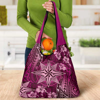 Vintage Tonga Tribal Ngatu Pattern Grocery Bag With Pacific Floral Pink Art LT9 - Polynesian Pride