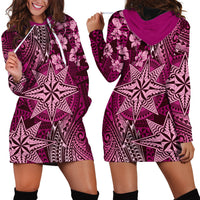 Vintage Tonga Tribal Ngatu Pattern Hoodie Dress With Pacific Floral Pink Art LT9 - Polynesian Pride