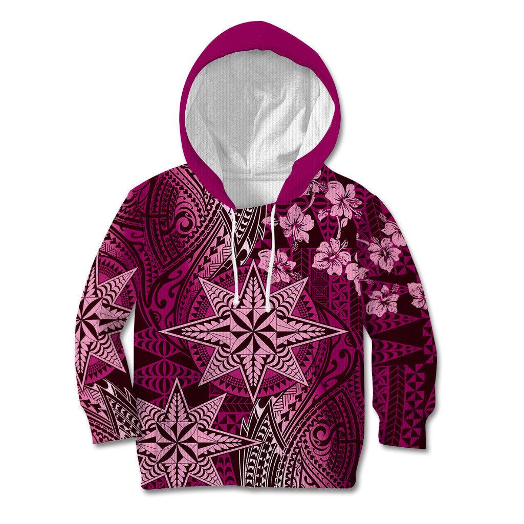 Vintage Tonga Tribal Ngatu Pattern Kid Hoodie With Pacific Floral Pink Art