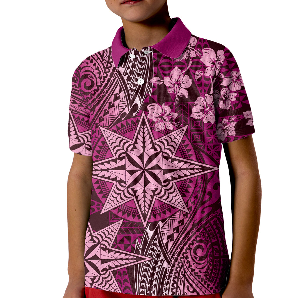 Vintage Tonga Tribal Ngatu Pattern Kid Polo Shirt With Pacific Floral Pink Art