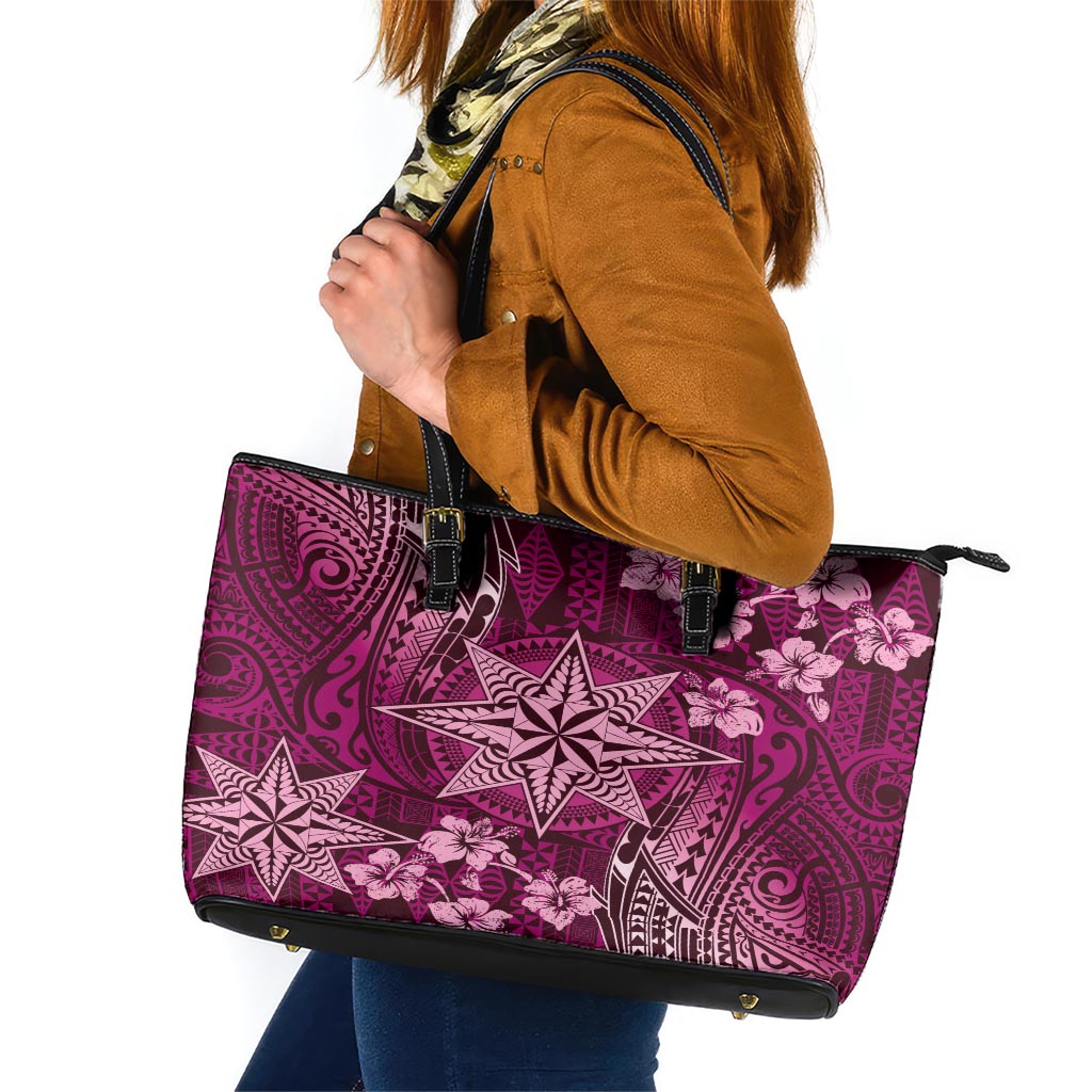 Vintage Tonga Tribal Ngatu Pattern Leather Tote Bag With Pacific Floral Pink Art LT9 Pink - Polynesian Pride