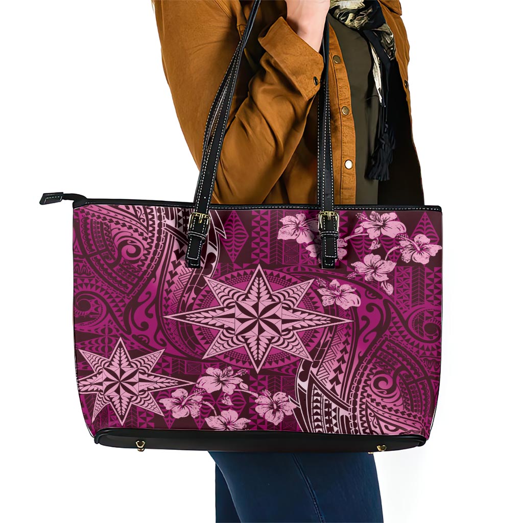 Vintage Tonga Tribal Ngatu Pattern Leather Tote Bag With Pacific Floral Pink Art LT9 - Polynesian Pride