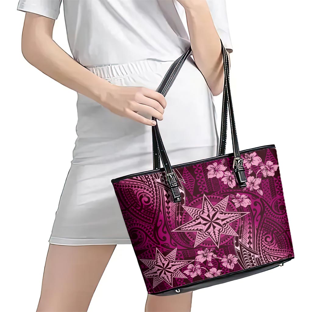 Vintage Tonga Tribal Ngatu Pattern Leather Tote Bag With Pacific Floral Pink Art LT9 - Polynesian Pride