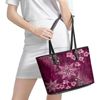 Vintage Tonga Tribal Ngatu Pattern Leather Tote Bag With Pacific Floral Pink Art LT9 - Polynesian Pride