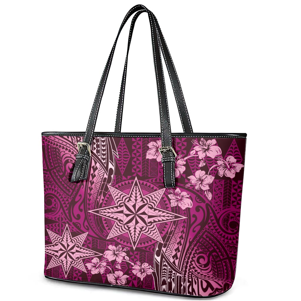 Vintage Tonga Tribal Ngatu Pattern Leather Tote Bag With Pacific Floral Pink Art LT9 - Polynesian Pride