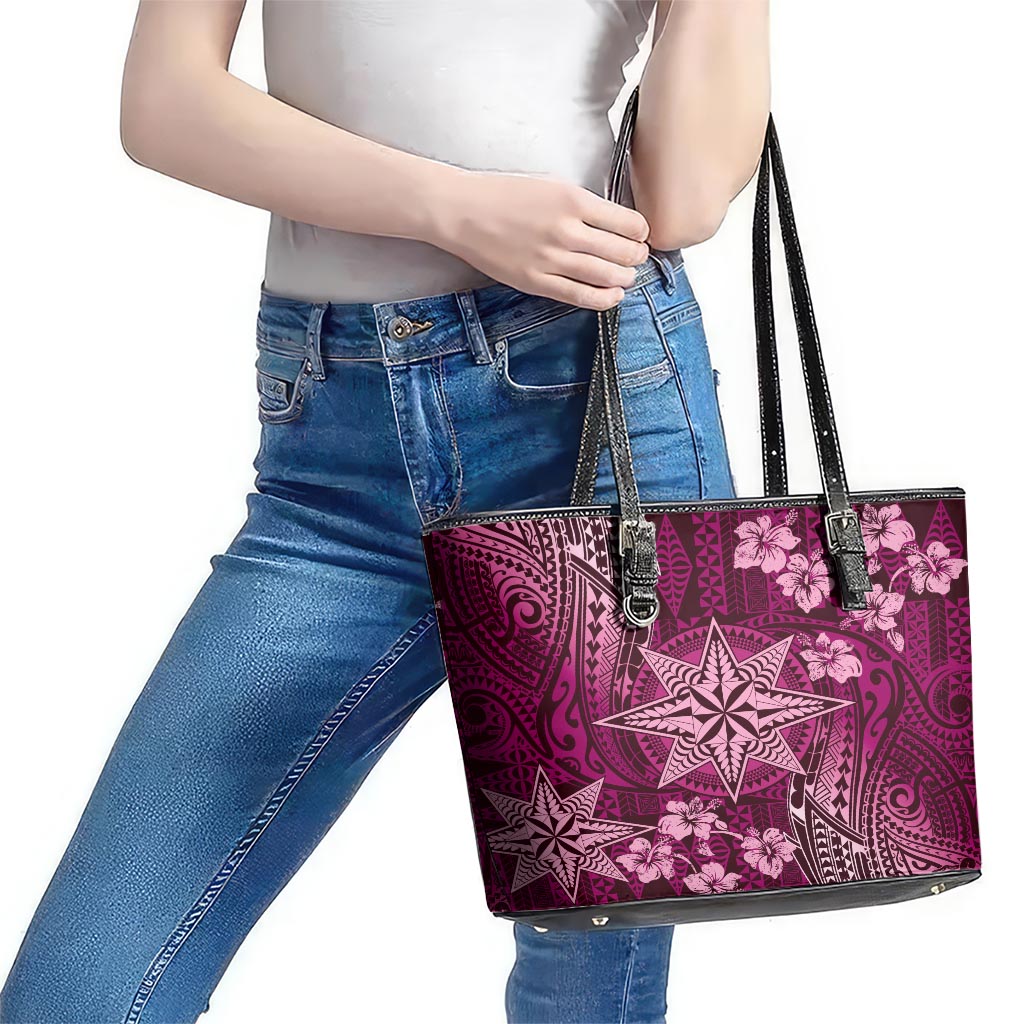 Vintage Tonga Tribal Ngatu Pattern Leather Tote Bag With Pacific Floral Pink Art LT9 - Polynesian Pride