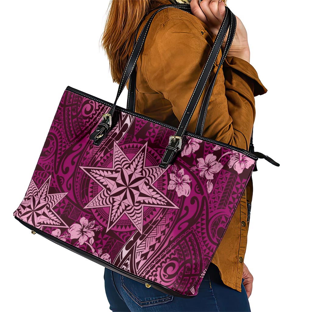 Vintage Tonga Tribal Ngatu Pattern Leather Tote Bag With Pacific Floral Pink Art LT9 - Polynesian Pride