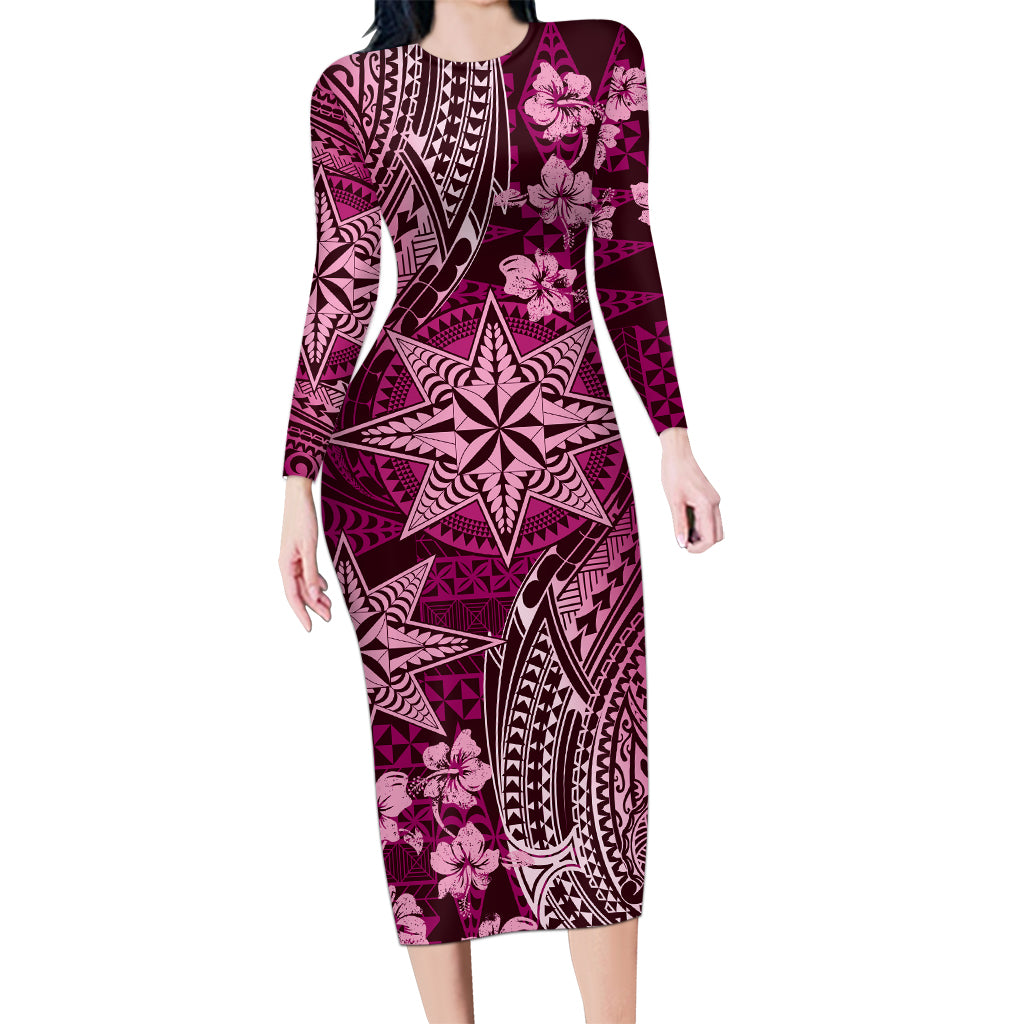 Vintage Tonga Tribal Ngatu Pattern Long Sleeve Bodycon Dress With Pacific Floral Pink Art