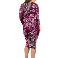 Vintage Tonga Tribal Ngatu Pattern Long Sleeve Bodycon Dress With Pacific Floral Pink Art