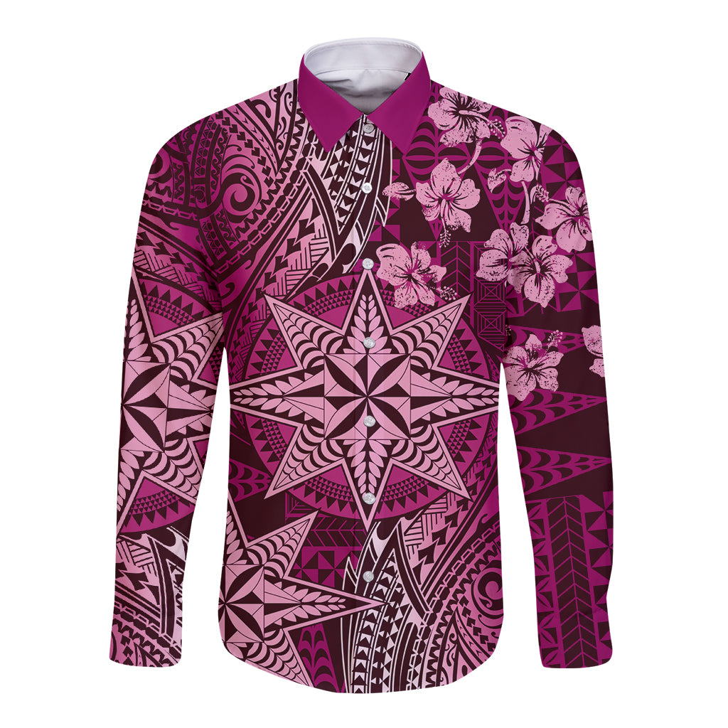 Vintage Tonga Tribal Ngatu Pattern Long Sleeve Button Shirt With Pacific Floral Pink Art