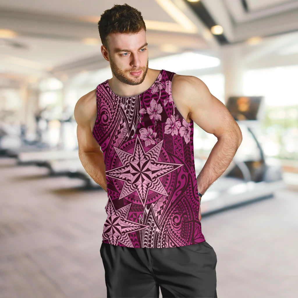 Vintage Tonga Tribal Ngatu Pattern Men Tank Top With Pacific Floral Pink Art LT9 Pink - Polynesian Pride